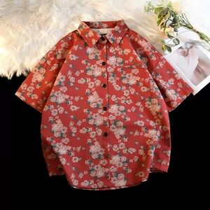 Red Vintage Floral Print Short Sleeve Shirt